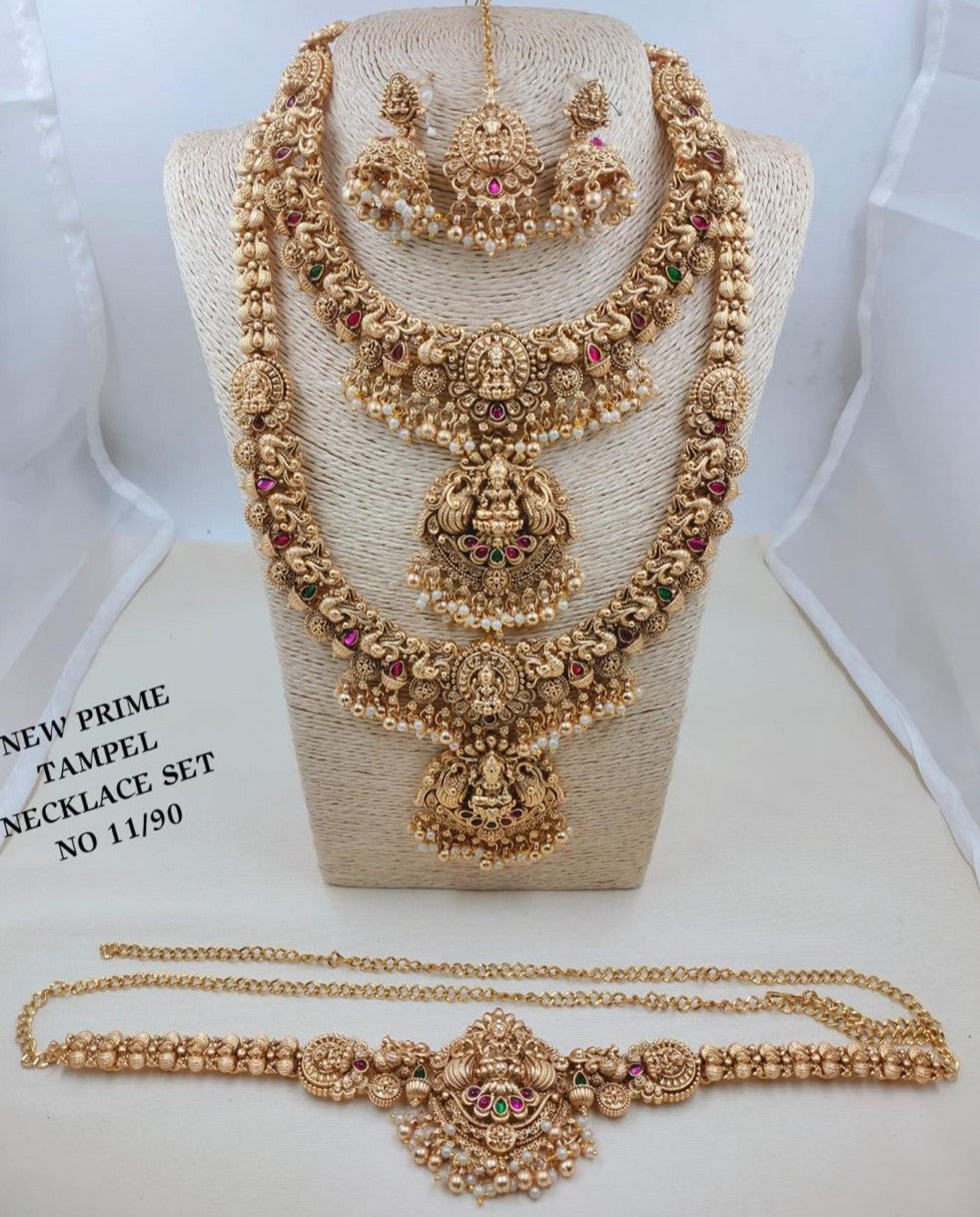 Grand Antique Gold Goddess Laxmi Temple Bridal Jewelry Set (Necklaces, Earrings, Mang Tikka & Vaddanam)